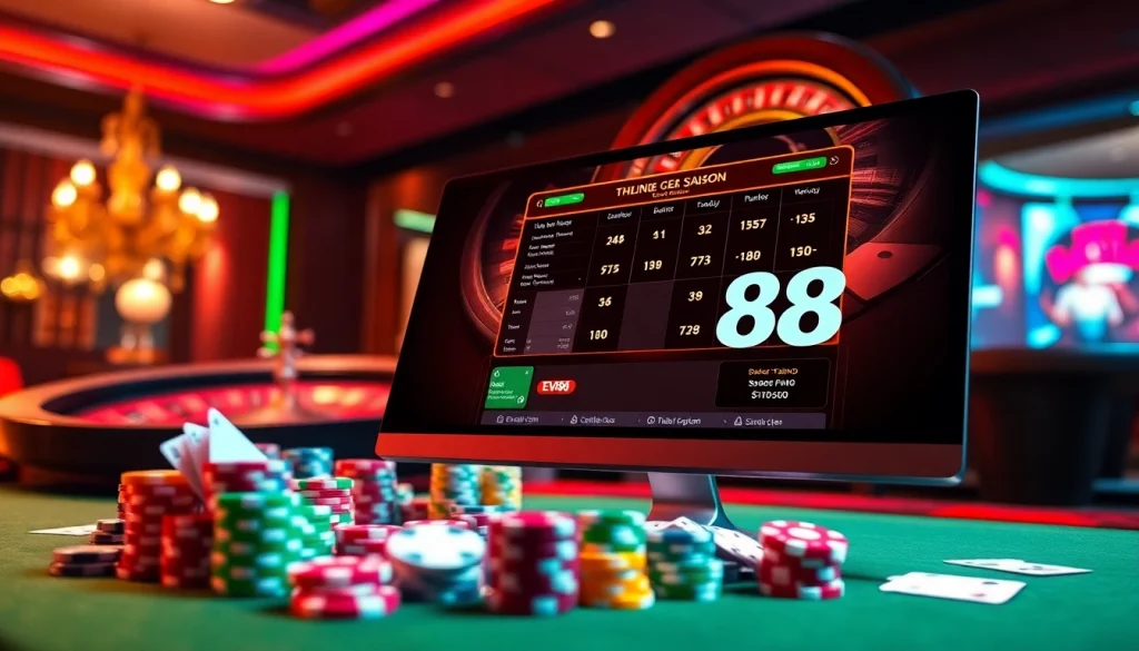 Engage in thrilling online gambling at EV88, featuring poker chips and a roulette wheel.