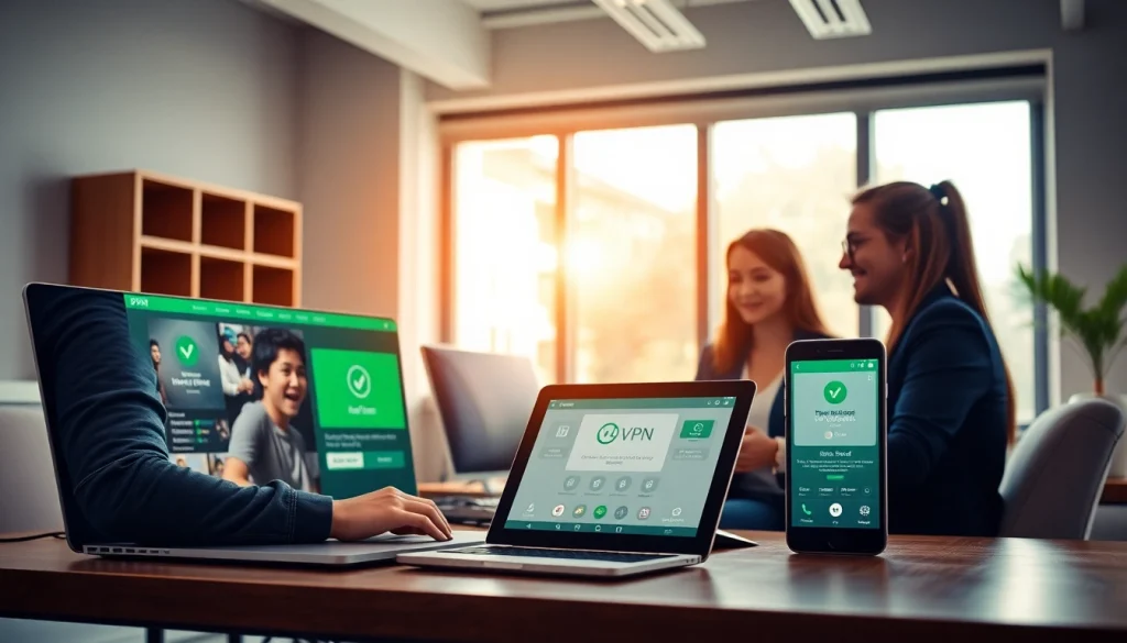快连VPN application interface displayed on devices in a modern workspace, highlighting connectivity and security.