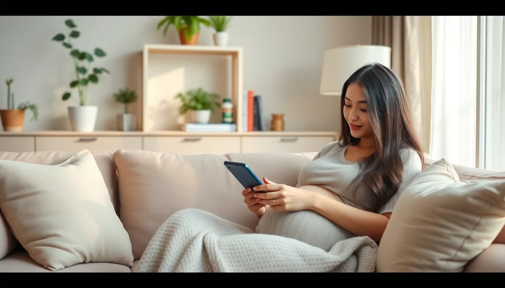 居心地の良い家庭環境で、妊婦さんがタブレットで葉酸サプリ（folic acid supplements）を探している。