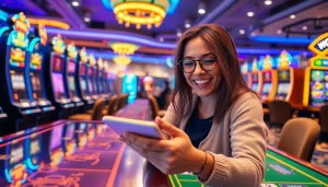 Menggunakan promo kode catcasino-reg.com/promokody di kasino dengan suasana ceria dan mesin slot yang penuh warna.