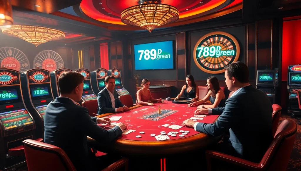 A thrilling casino scene at 789p.green with players at a poker table and vibrant slot machines.