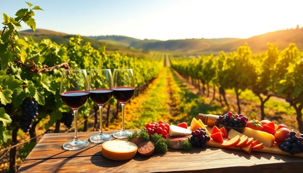 Enjoying clarksburg wineries with wine glasses on a rustic table in a lush vineyard.