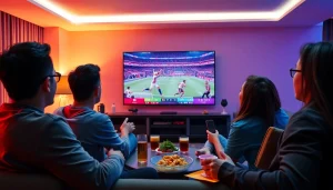 Watch Diema Sport online free in a vibrant living room filled with excited fans.