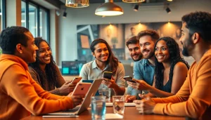 Group discussing sex ai technology in a modern café.