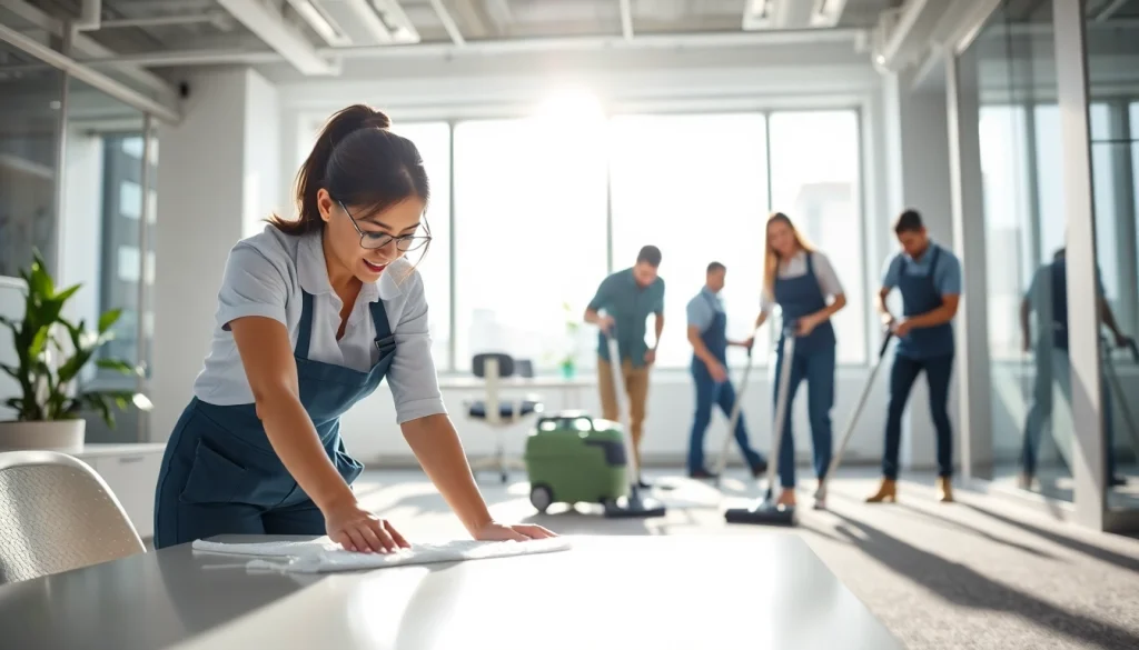 Efficient cleaning team in a Calgary office, showcasing a professional cleaning company calgary atmosphere.