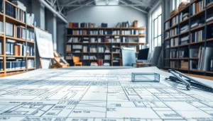 Architectural blueprint showcasing steel structure design on a drafting table with tools, highlighted in natural light.