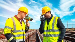 Track Inspection engineer analyzing railway tracks with high-tech equipment outdoors.