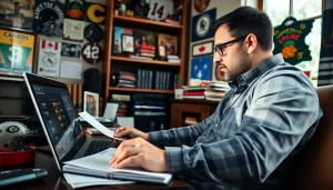 Engaged bettor reviewing sports betting in Canada odds on a laptop in a cozy study.