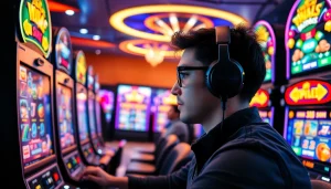 Menggambarkan pemain petanitoto yang berfokus pada mesin slot online dengan hadiah besar dan suasana yang energik.