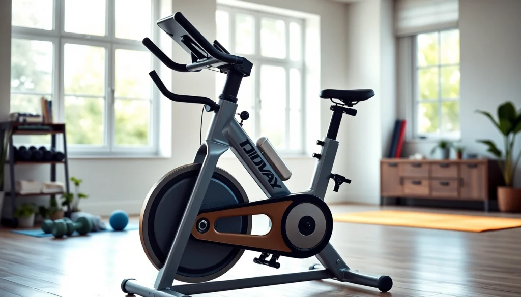 Exercise bike manufacturer showcasing a modern home gym setup with vibrant colors.