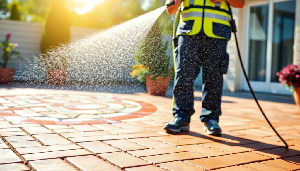 Učinkovito čiščenje tlakovcev s strokovnjakom, ki uporablja visokotlačno čistilno napravo v sončnem zunanjem okolju.