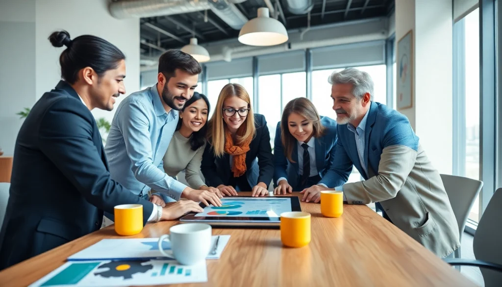 Engaged team collaborating on business strategies in a modern office environment.