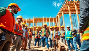 Highlighting Careers in construction, diverse workers collaborate on a job site, showcasing teamwork and skill.