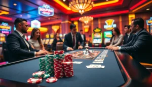 High-stakes poker play at nhà cái nohu90 featuring vibrant poker chips and a sophisticated casino atmosphere.