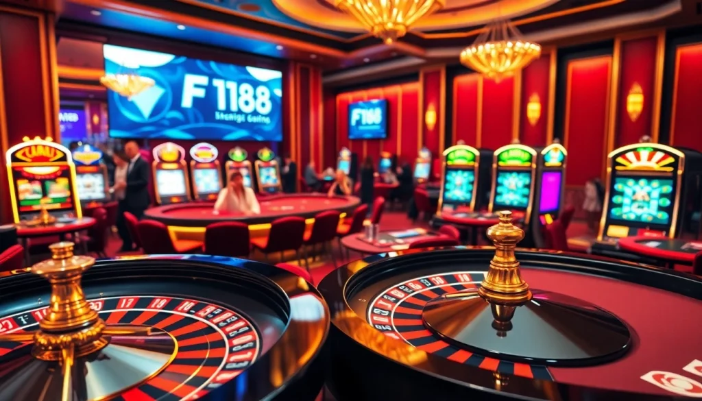 Players enjoying a vibrant casino atmosphere at F168, featuring roulette and slot machines.
