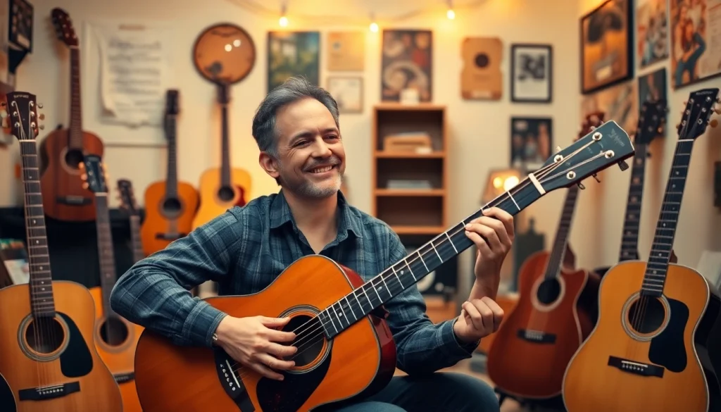 Engaging guitar lesson at https://guitarlessons.co.uk in a cozy home studio setting, teaching enthusiasts.