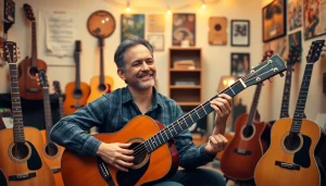 Engaging guitar lesson at https://guitarlessons.co.uk in a cozy home studio setting, teaching enthusiasts.