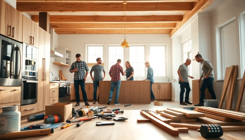 Home renovation team actively working on a vibrant kitchen remodel with modern fixtures.