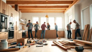 Home renovation team actively working on a vibrant kitchen remodel with modern fixtures.