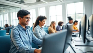 Dynamic typing center environment where individuals practice typing skills effectively.