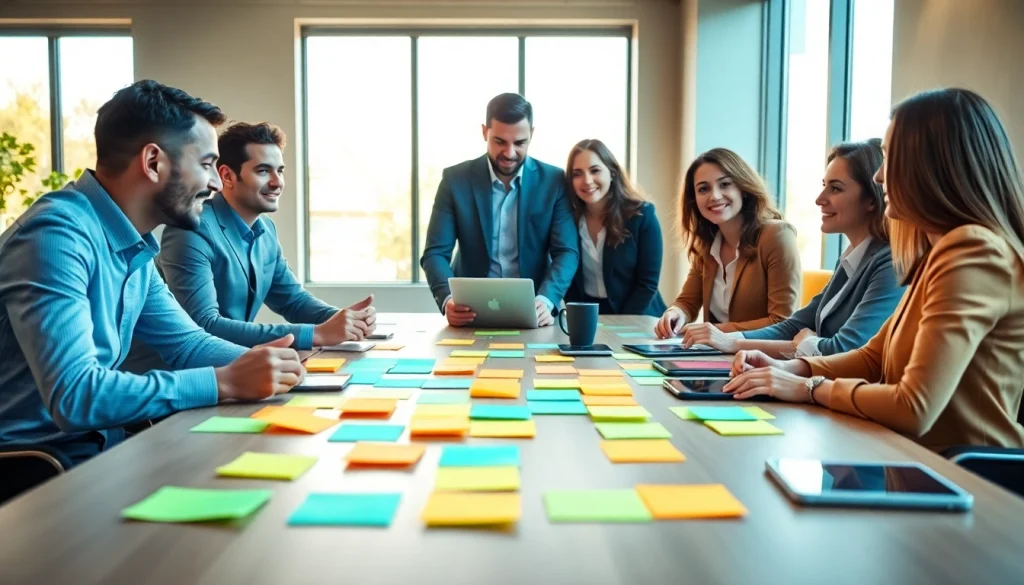 Engaged business professionals collaborating in a modern workspace.