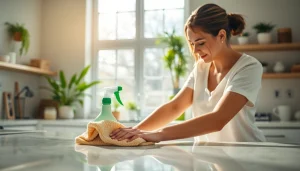 Delivering a quality cleaning service in a bright, organized kitchen environment.
