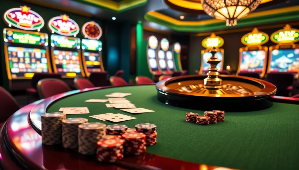 jeetbuzz ক্যাসিনো showcases an elegant poker table and roulette wheel in a luxurious setting.