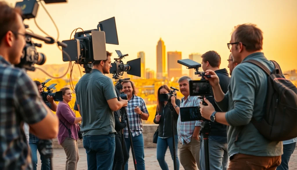 Capture of a dedicated Video Production Company Phoenix team filming a scene outdoors with vibrant skyline.