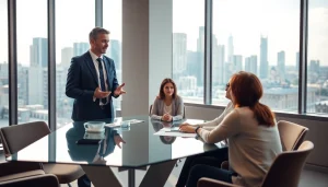 Engaging real estate agent assists clients in a modern office setting