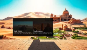 Engaging news layout showcasing https://saudiwadi.com with vivid Saudi Arabian landscapes.