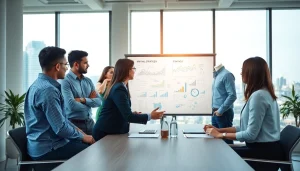 Engaging professional business discussion in a modern office setting with diverse participants.