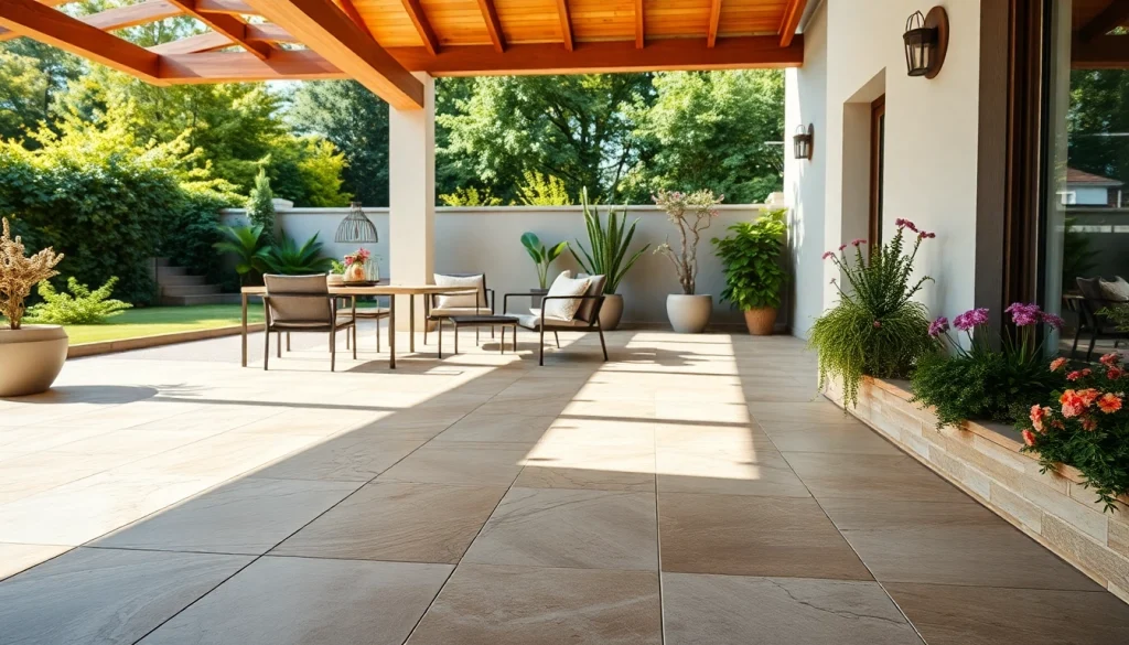 Carrelage extérieur élégant sur une terrasse moderne, mettant en valeur l'élégance et la durabilité.