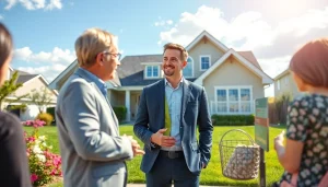Real Estate agent discussing property features in a vibrant suburban setting.