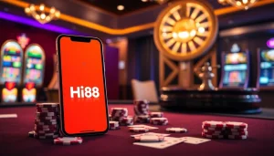 Engaging users with the Hi88 App while playing poker at a luxurious casino.