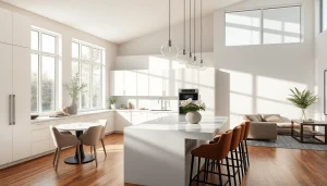Home renovation showcasing a luxurious kitchen with modern decor and natural lighting.