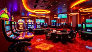 Exciting gaming environment showcasing Nhà cái GG88 with vibrant slots, poker tables, and sports betting.