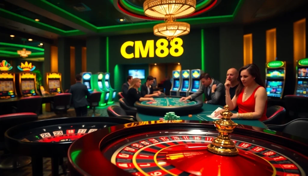 Experience the excitement of CM88 at a glamorous casino, with players enjoying roulette and poker.