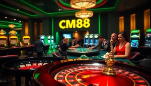 Experience the excitement of CM88 at a glamorous casino, with players enjoying roulette and poker.