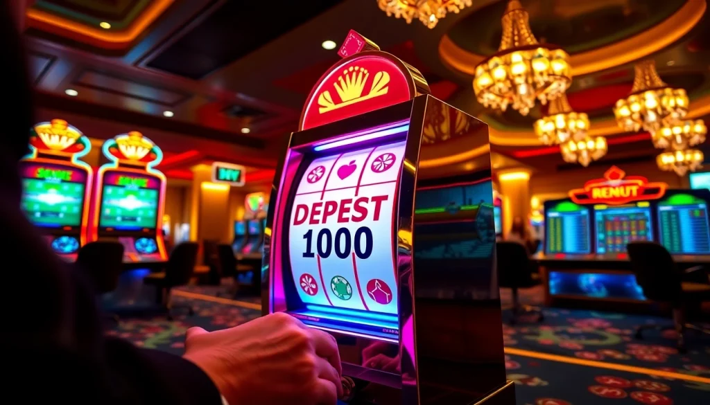 Pemain yang antusias berinteraksi dengan mesin slot deposit 1000 di kasino yang ramai.