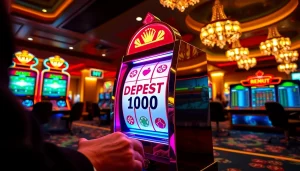 Pemain yang antusias berinteraksi dengan mesin slot deposit 1000 di kasino yang ramai.