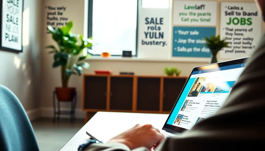 Find a job board for sales roles with a professional reviewing listings on a laptop.