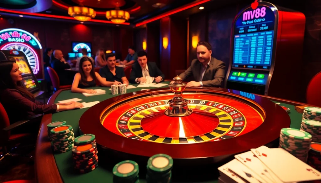 Gamblers engaging with casino activities at mv88, featuring a roulette wheel and poker chips.