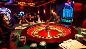 Gamblers engaging with casino activities at mv88, featuring a roulette wheel and poker chips.