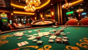 Engaging scene at trang chủ 88t casino with poker table, roulette wheel, and enthusiastic players.