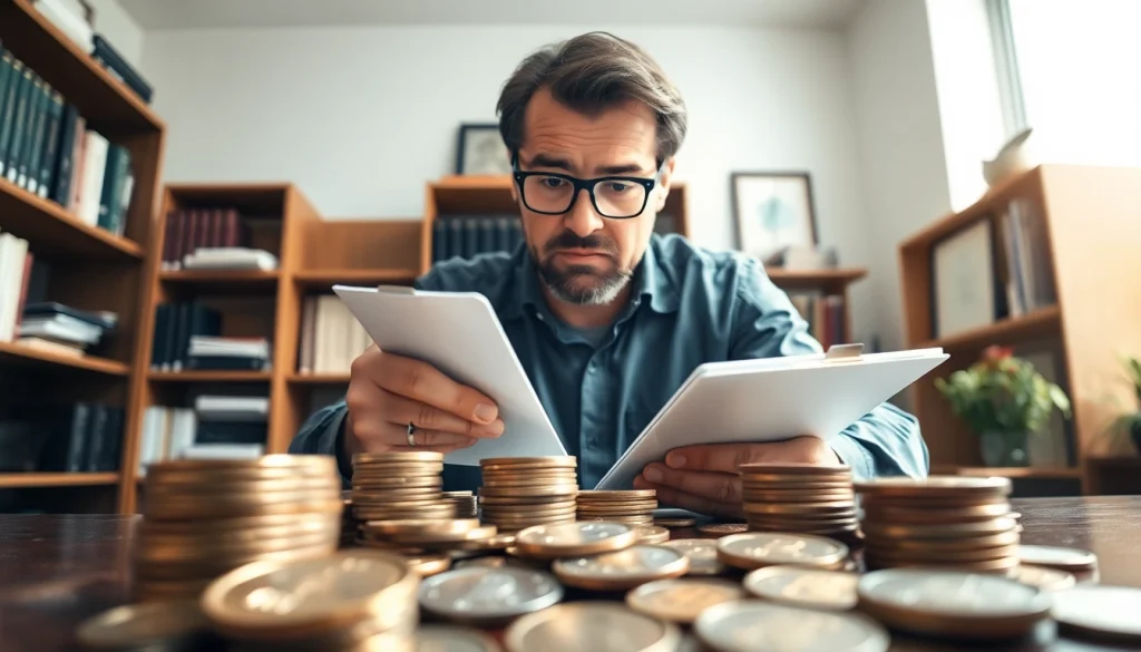Münzankauf: Expert examining a collection of vintage coins in an organized office.