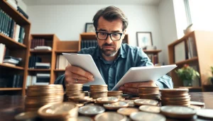 Münzankauf: Expert examining a collection of vintage coins in an organized office.