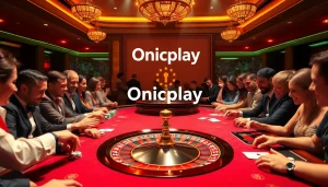 Players enjoying a thrilling poker game at Onicplay casino, surrounded by vibrant chips and cards.