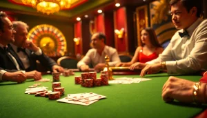 LUCKYWIN moment at a luxurious poker table filled with excited players and vibrant chips.