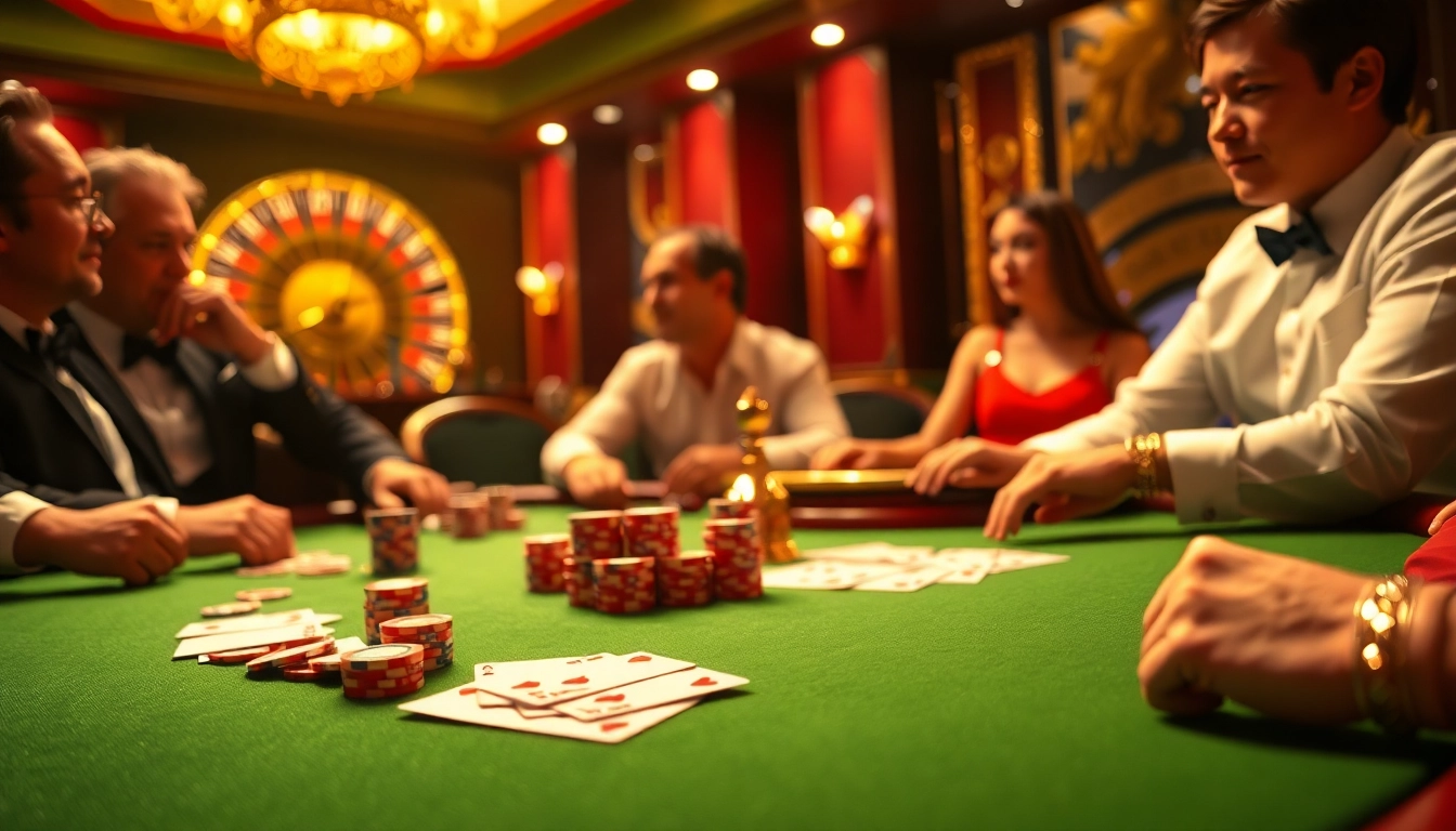 LUCKYWIN moment at a luxurious poker table filled with excited players and vibrant chips.