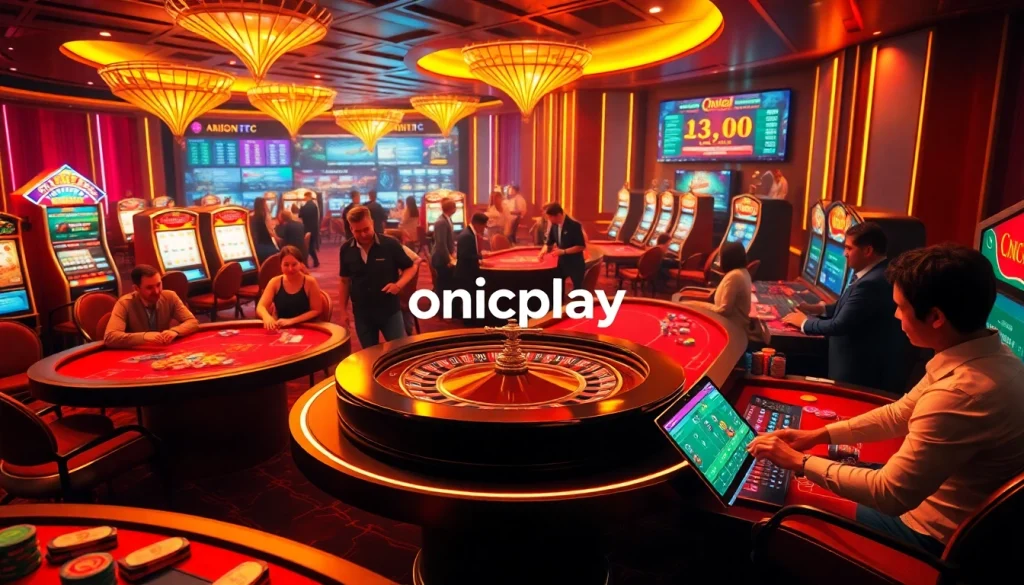 Players enjoying a thrilling gaming experience at onicplay's vibrant casino tables.